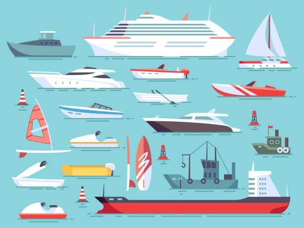 ilustrações de stock, clip art, desenhos animados e ícones de big set of sea boats and little fishing ships. sailboats flat vector icons - veículo aquático