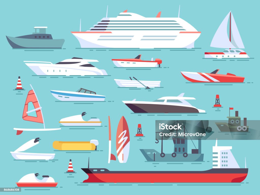 Big set of sea boats and little fishing ships. Sailboats flat vector icons Big set of sea boats and little fishing ships. Sailboats flat vector icons. Illustration of water transport yacht and ship sailboat Nautical Vessel stock vector