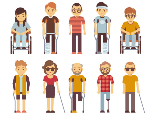 illustrazioni stock, clip art, cartoni animati e icone di tendenza di set vettoriale persone disabili. anziani e giovani invalidi isolati su sfondo bianco - men crutch isolated support