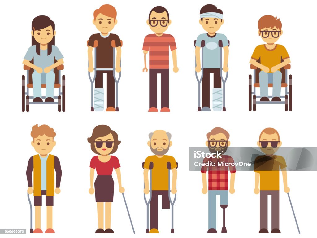 Disabled people vector set. old and young invalid persons isolated on white background Disabled people vector set. old and young invalid persons isolated on white background. Person character invalid in wheelchair illustration Disability stock vector