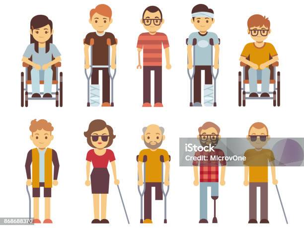 Disabled People Vector Set Old And Young Invalid Persons Isolated On White Background Stock Illustration - Download Image Now