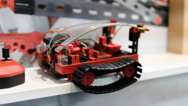 electronic robots close-up shallow focus. working in robotics laboratory. children building robots at robotics school