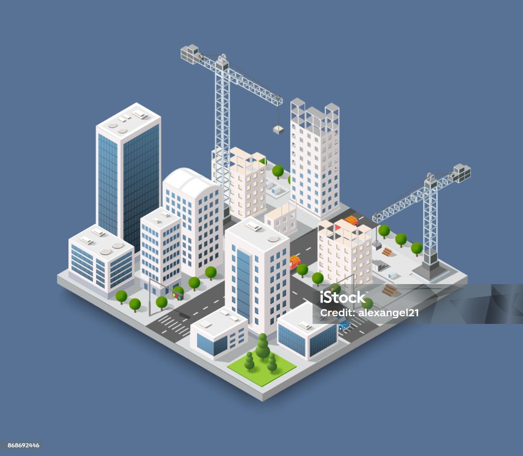 Construction crane heavy Construction crane heavy industrial industry with skyscrapers, houses, streets. Urban modern quarter of the city. Isometric view of the projection of a winter landscape Isometric Projection stock vector