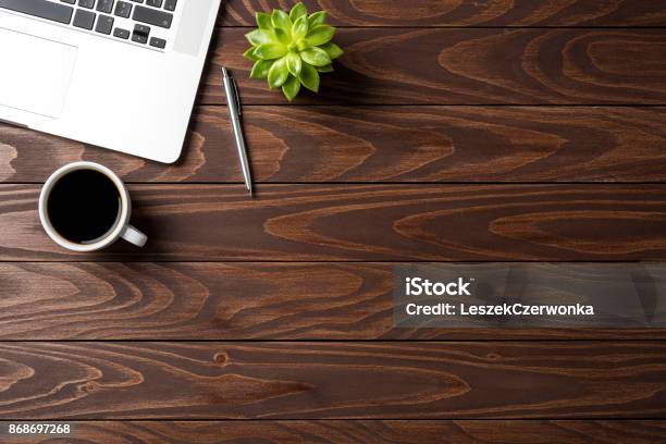 Laptop With Office Accessories On Wooden Table Business Background Stock Photo - Download Image Now