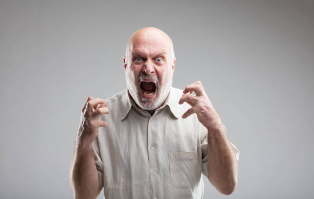 angry old man getting crazy or a wolf this man is growing so angry that he could get mad or transform himself into a wolf - anger management concept (funny version) caricature photos stock pictures, royalty-free photos & images