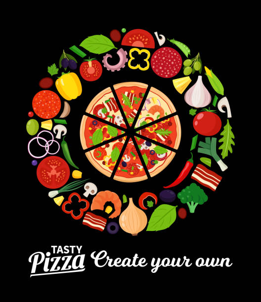 Vector pizza illustration with many ingredients Vector pizza illustration with many ingredients on black background. Create your own pizza kit pizza place stock illustrations