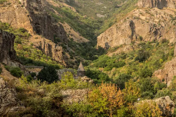 Photo of The Christian temple Geghard in the mountains of Armenia