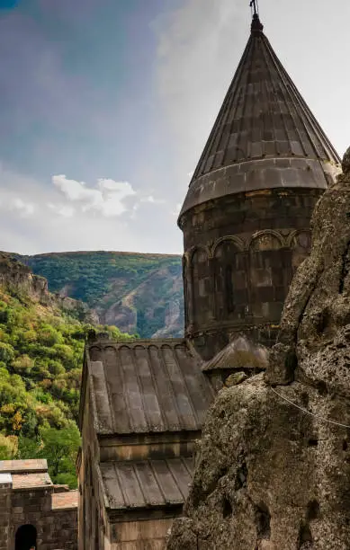 Photo of The Christian temple Geghard in the mountains of Armenia