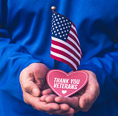 Veterans Day in America. Male hands holding thank you message
