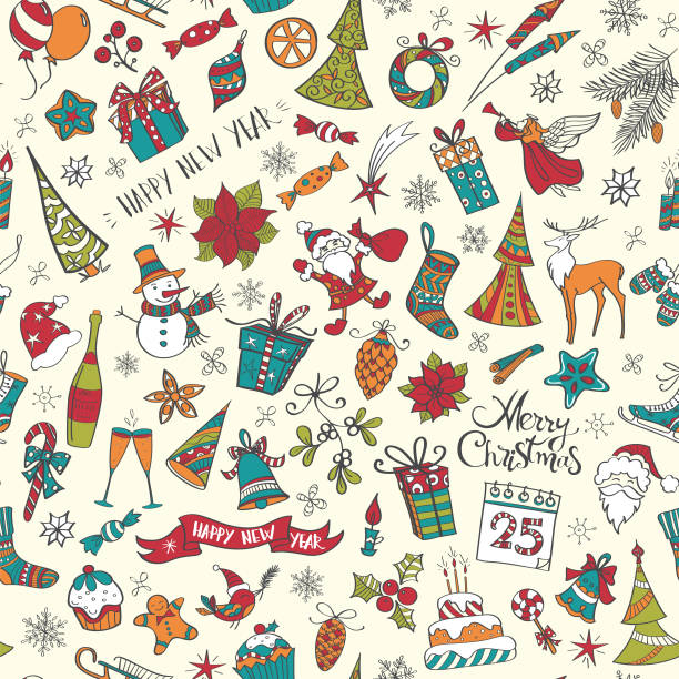 ilustraciones, imágenes clip art, dibujos animados e iconos de stock de dibujado a mano navidad elementos de patrones sin fisuras de color - wrapping paper christmas gift snowman