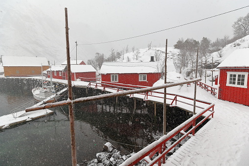 N.E.-wards view from Nusfjord fishing village-harbor under heavy snowfall. Flakstadoya-Lofoten-Norway.0490