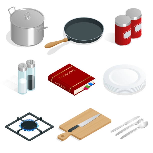 izometryczny zestaw wektorów profesjonalnych przyborów kuchennych i przyborów kuchennych na białym tle. - spoon vegetable fork plate stock illustrations
