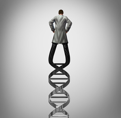 Genetics doctor and biotechnology researcher or genetisist concept as a scientist shaped as a DNA strand as a genome research symbol with 3D illustration elements.