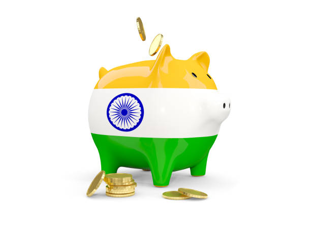 Fat piggy bank with flag of india stock photo