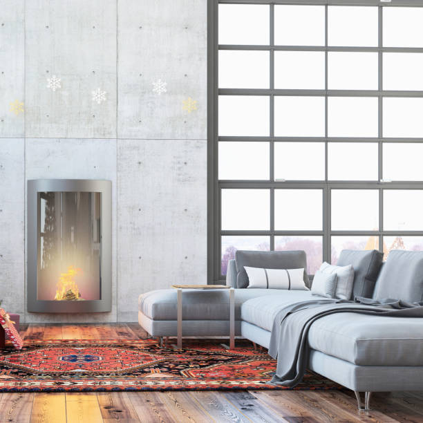 istock Christmas interior with a fireplace and gray sofa 868743162