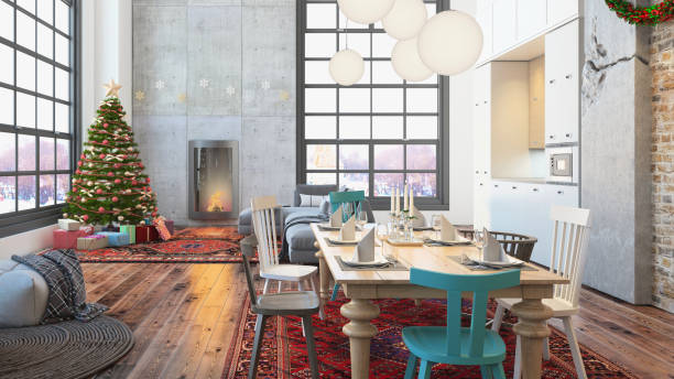 istock Christmas interior with a fireplace, Christmas tree with presents and gray sofa 868743168