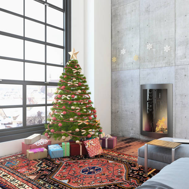istock Christmas interior with a fireplace, Christmas tree with presents and gray sofa 868743174