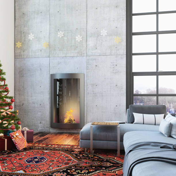 istock Christmas interior with a fireplace, Christmas tree with presents and gray sofa 868743184