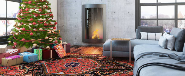 istock Christmas interior with a fireplace, Christmas tree with presents and gray sofa 868743188