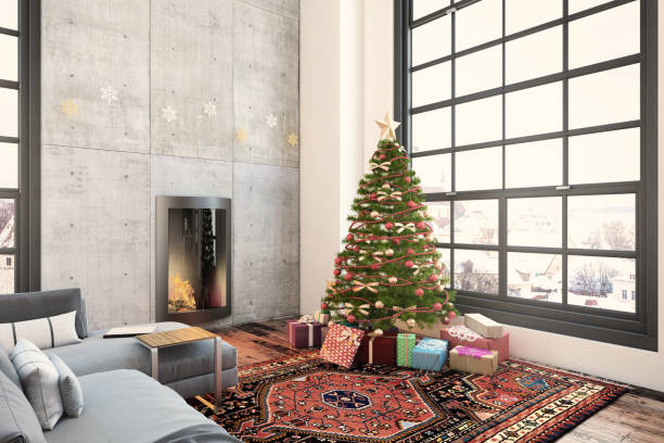 istock Christmas interior with a fireplace, Christmas tree with presents and gray sofa 868743200