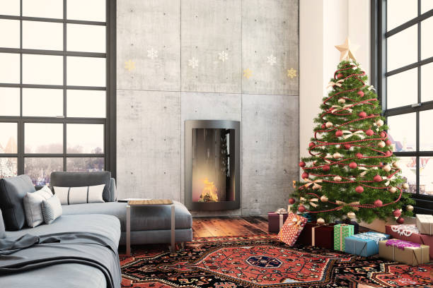 istock Christmas interior with a fireplace, Christmas tree with presents and gray sofa 868743210