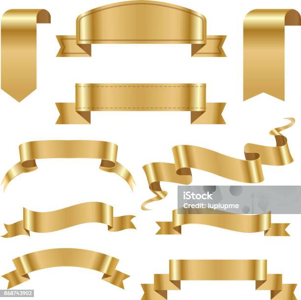 ゴールデン リボン テープ バナー フラグ弓古典的な光沢のあるスクロールのベクトル図 - 金属 金のベクターアート素材や画像を多数ご用意 - 金属 金, 金色, リボン