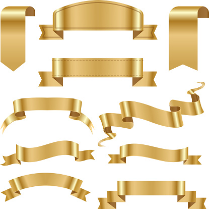 Realistic gold vector ribbons tape flag set banner with stitch detailing for your design project. Shiny bow decorative elegance graphic template. Xmas classic glossy scroll.