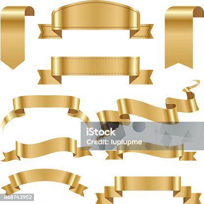 istock Golden ribbon tape banner flag bow classic glossy scroll vector illustration 868743902