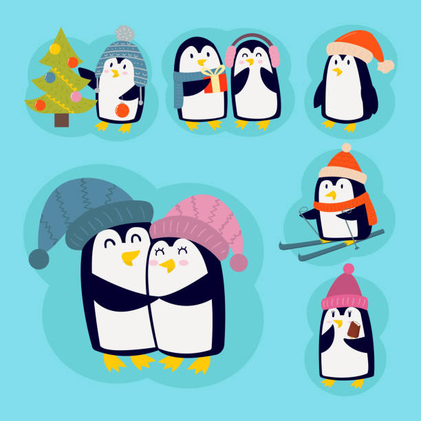 pinguin weihnachten vektor illustration charakter cartoon lustig süß tiere der antarktis polar schnabel pol winter vogel - antarctica penguin bird animal stock-grafiken, -clipart, -cartoons und -symbole