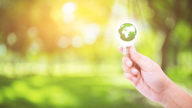 Hand holding a light bulb with energy green world inside on nature background, environment and ecology concept - Elements of this image furnished by NASA. stock photo