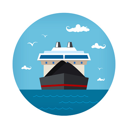 Front View of the Dry Cargo Ship at the Sea , Industrial Marine Vessel is Transporting Coal and Ore, Icon International Freight Transportation, Vector Illustration