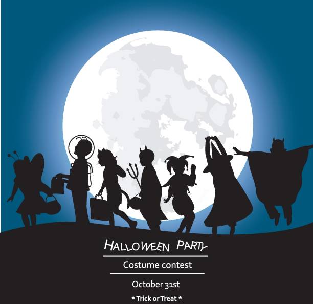 Costume Party Spooky Moonlight Children silhouettes going trick or treat against a moolight background fool moon stock illustrations