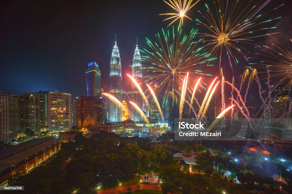 Fireworks at Kuala Lumpur Fireworks display show over Kuala Lumpur city skyline Malaysia Stock Photo