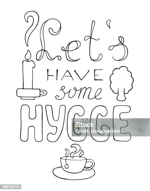 Danish Concept Hygge Abstract Poster With Candle And Teacup Autumn Coloring Page Hygge Vector Illustration Stock Illustration - Download Image Now