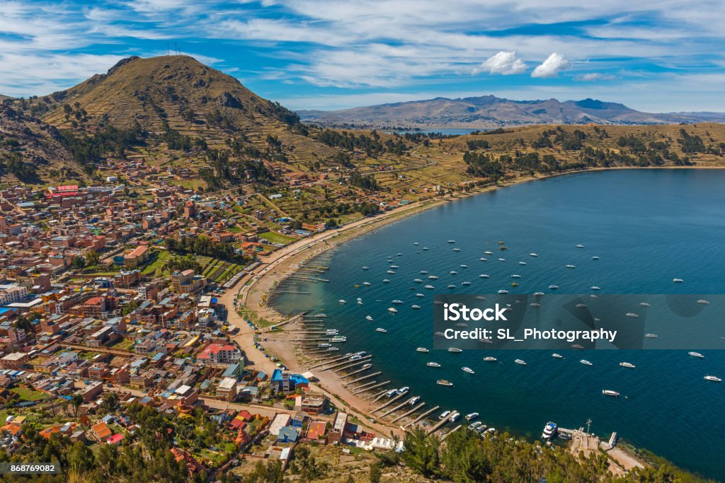 Copacabana Cityscape Complete cityscape of Copacabana city in the early morning seen from the Calvary Mountain by the Titicaca Lake, Bolivia, South America. Bolivia Stock Photo