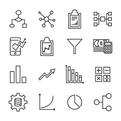 Set of premium data analytics icons in line style. High quality outline symbol collection of analysis. Modern linear pictogram pack of information. Stroke vector illustration on a white background.