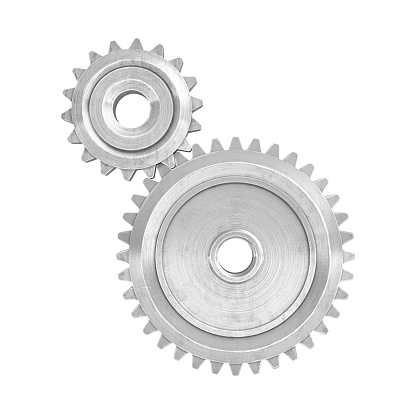 3d rendering of a two metal gears of different size connected to each other on a white background. Gear box parts. Increasing and reduction gear. Machinery parts.