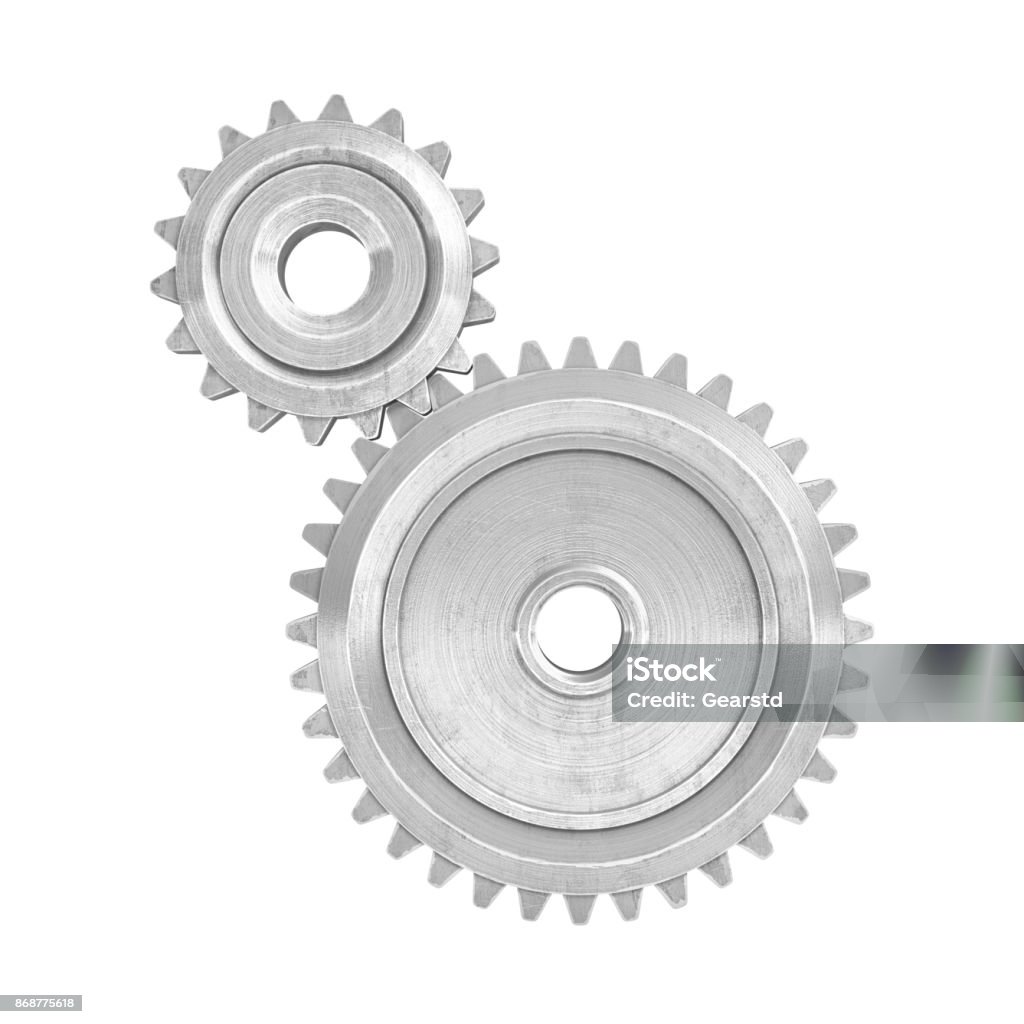 3d rendering of a two metal gears of different size connected to each other on a white background. 3d rendering of a two metal gears of different size connected to each other on a white background. Gear box parts. Increasing and reduction gear. Machinery parts. Gear - Mechanism Stock Photo