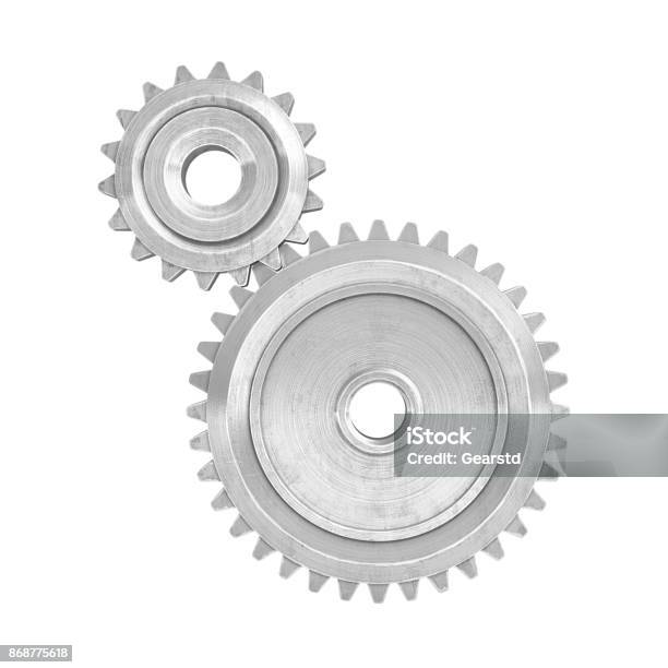 3d Rendering Of A Two Metal Gears Of Different Size Connected To Each Other On A White Background Stock Photo - Download Image Now
