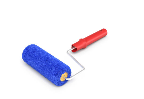istock 3d rendering of a paint roller in front view with a red handle and a blue fluffy cover. 868775644