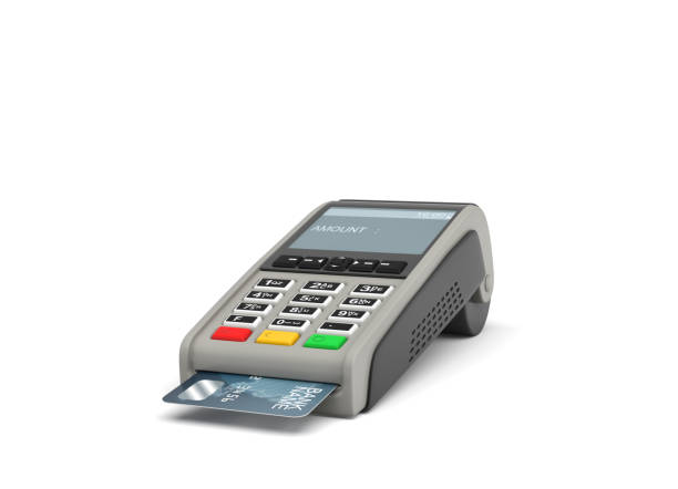 istock 3d rendering of a POS-terminal with a generic plastic card inside and a screen with a writing AMOUNT on it. 868775680