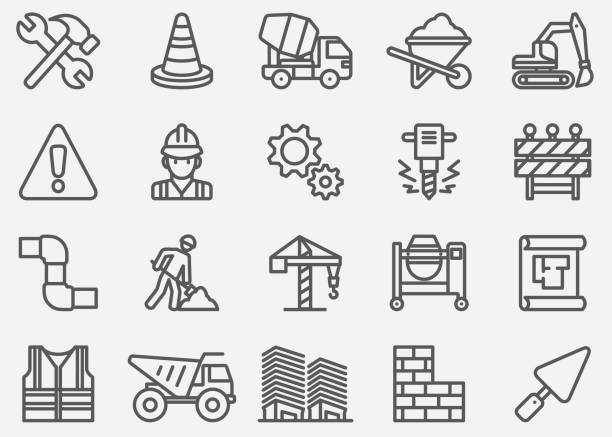 ilustraciones, imágenes clip art, dibujos animados e iconos de stock de bajo los iconos de línea de construcción - cavan