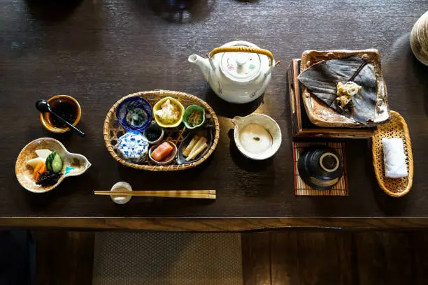 Japanese ryokan breakfast appetizer dishes including  mentaiko, pickle, seaweed, bamboo shoot, hot plate, other side dishes,  green tea pot, cup and warm towel on wooden table, Japan