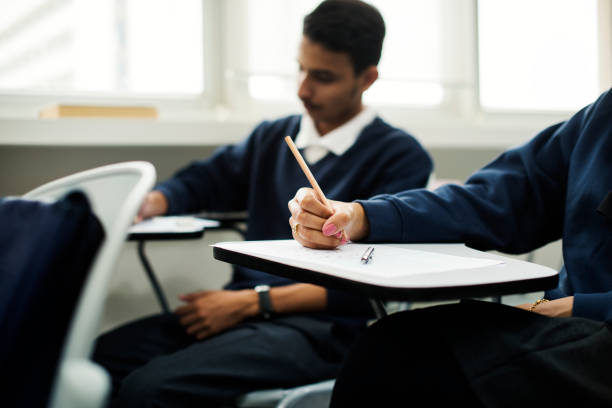 Cheerful braided teenage girl sitting against friends. Happy blond female student is with book at desk in classroom. She is wearing casuals at school.