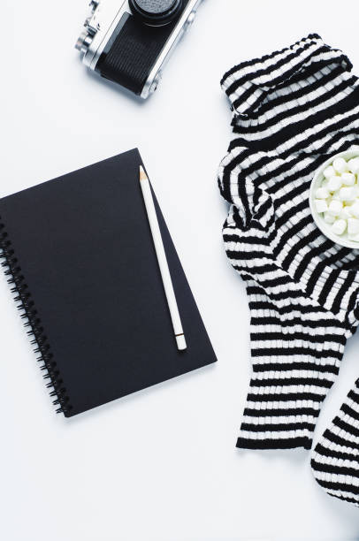 istock Striped women's blouse old camera and sketchbook on a white background 868796004