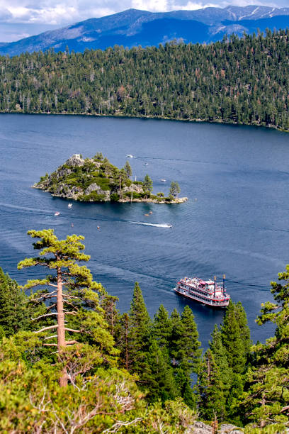 This is a photograph of boats moored on Emerald Bay in Lake Tahoe on a sunny summer day in California.