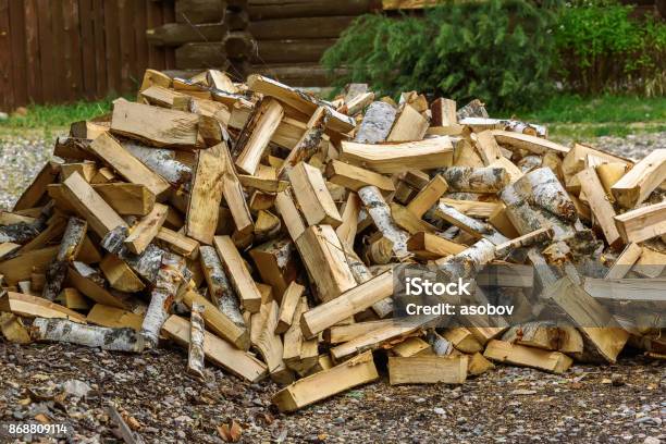 Pile Of Birch Firewood Outdoors In Summer Stock Photo - Download Image Now - Firewood, Heap, Stack