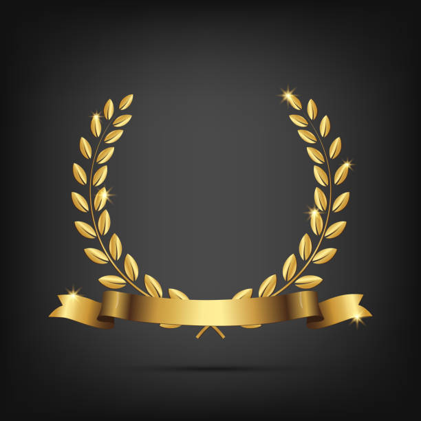ilustraciones, imágenes clip art, dibujos animados e iconos de stock de corona de laurel dorado con cinta aislada sobre fondo oscuro. elemento de diseño vectorial. - podium medal gold medal ribbon