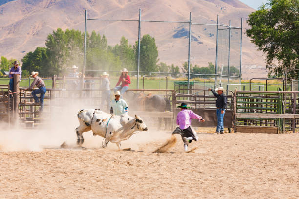 istock Cowboy Falling From a Bull at a Rodeo 868812380
