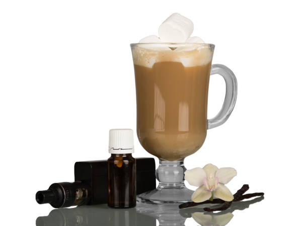 istock Cup of cappuccino, electronic cigarette and liquid for smoking, isolated on white 868821704